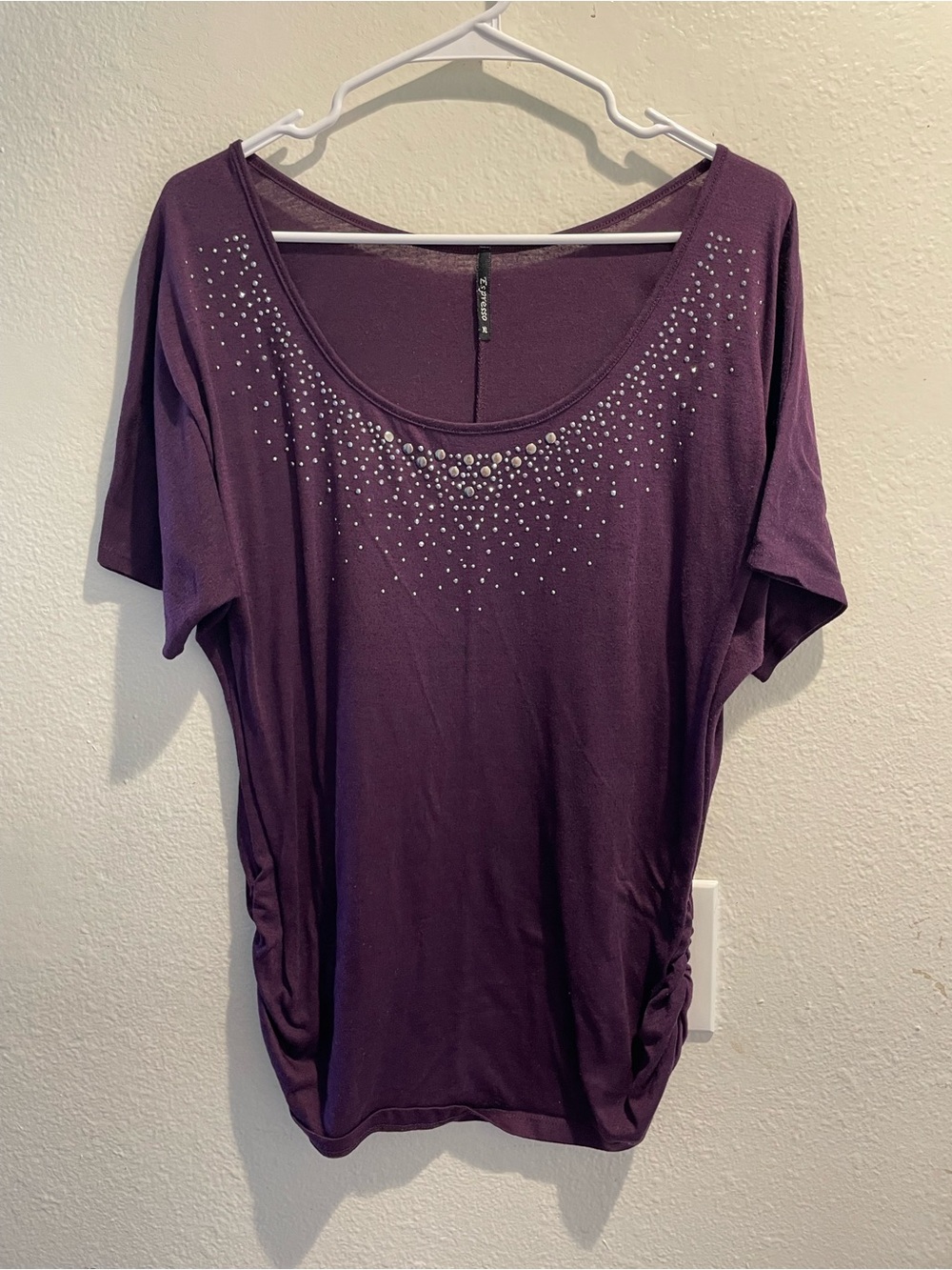 Espresso XL Purple Rhinestone Embellished Blouse Ruched Flattering